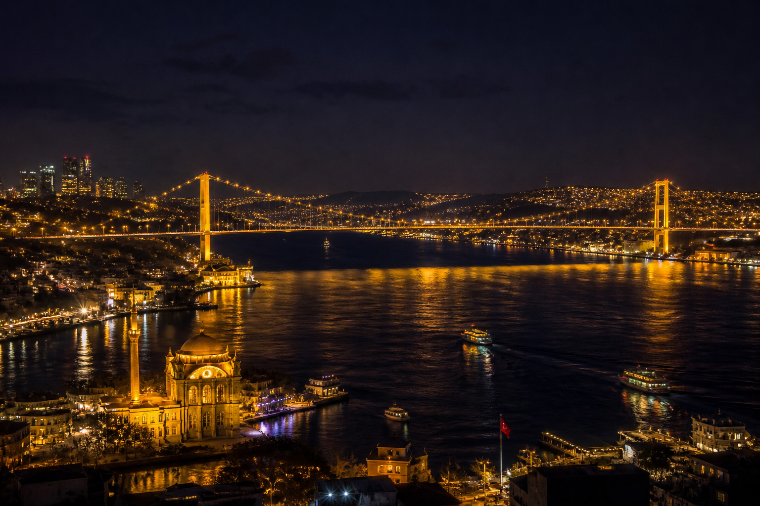 Istanbul night bridge with golden reflections